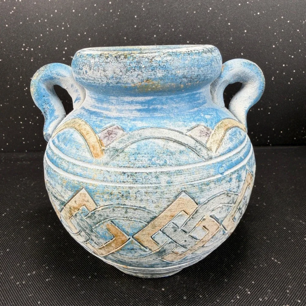 Andalusia Spain Studio Pottery Vase Blue White Geometric Carved 6in Handle VTG